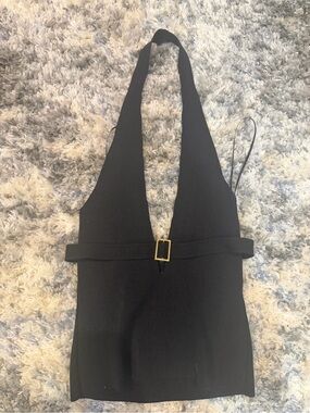 silence + noise Black Halter Deep V Knit Top with Gold Buckle